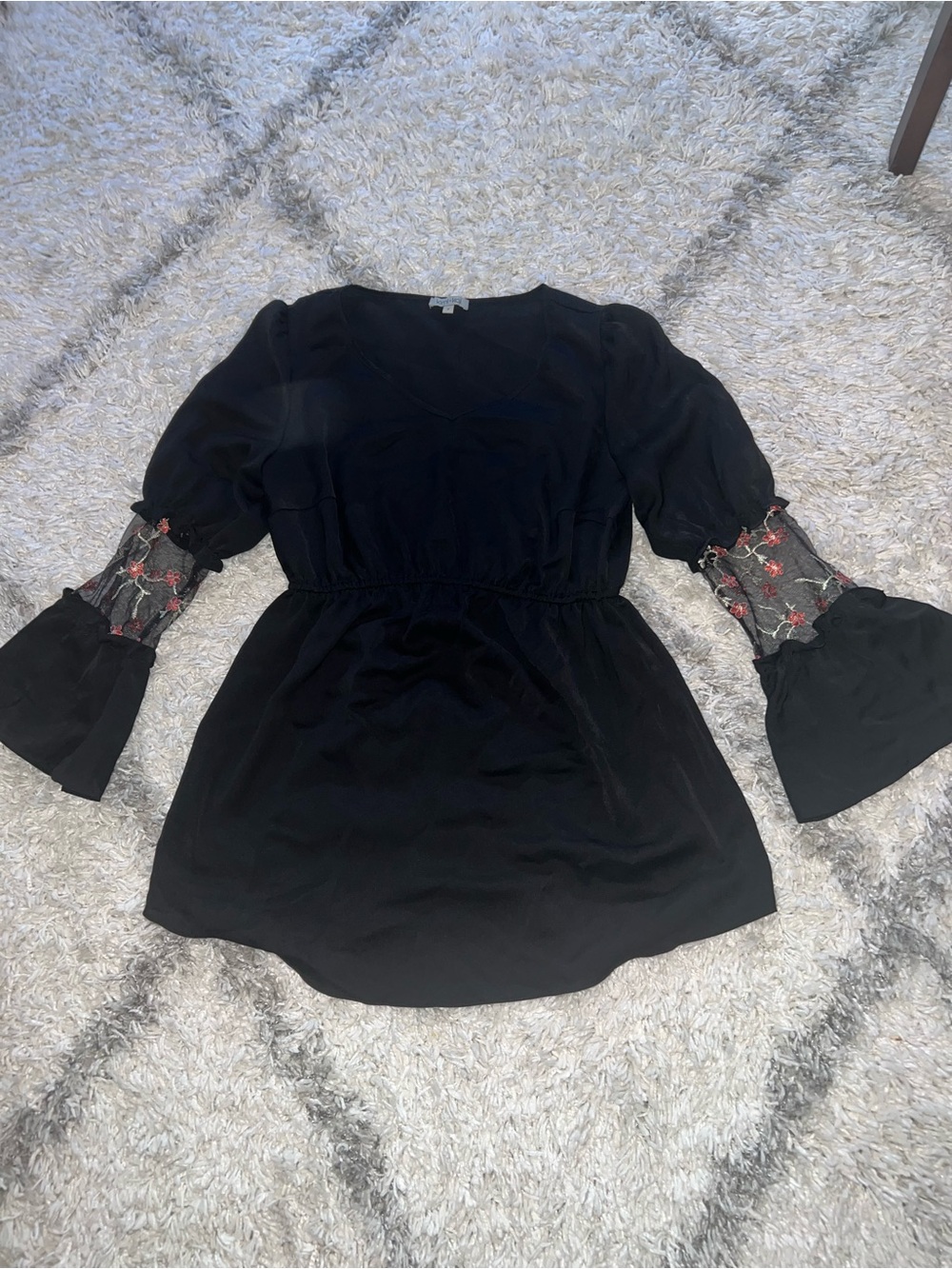 Maternity Black Blouse with Embroidered Sheer Sleeves size Small